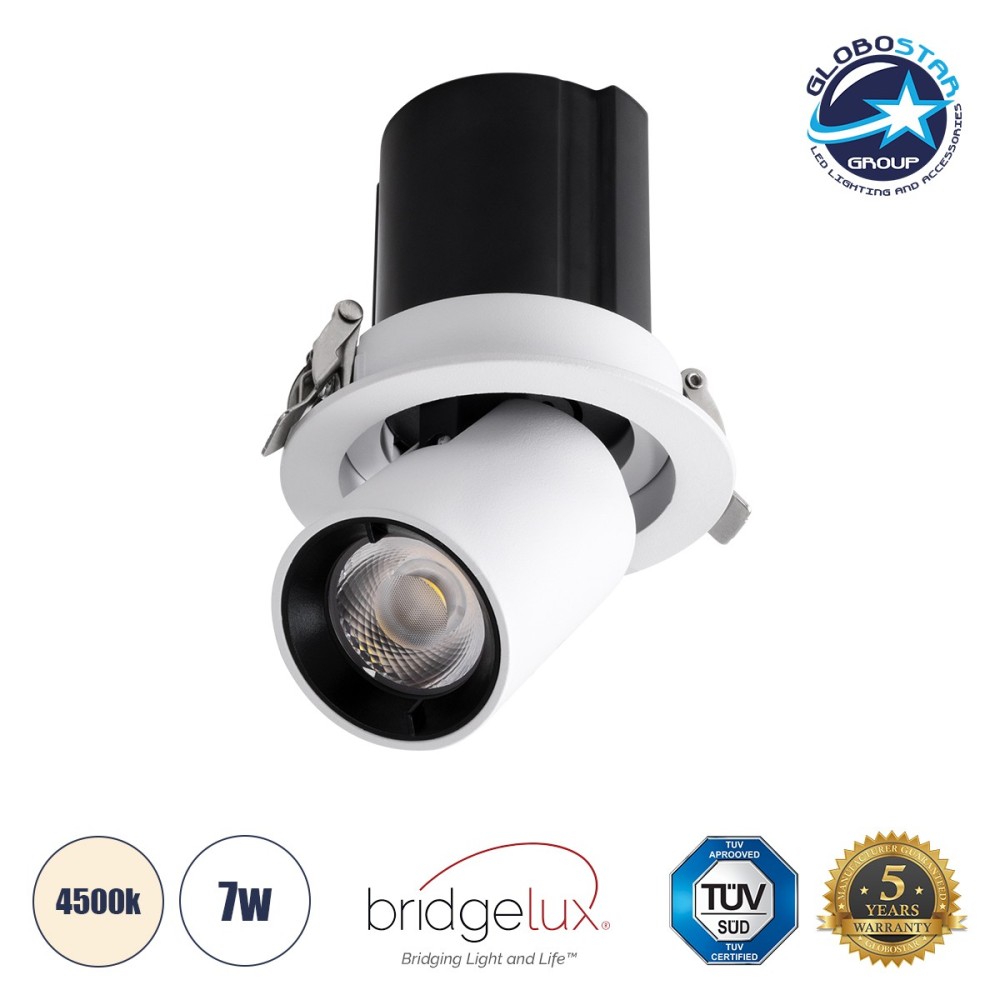 GLOBOSTAR® VIRGO-S 60302 Χωνευτό Κινούμενο Downlight Σποτ LED 7W 910lm 36° AC 220-240V IP20 Φυσικό Λευκό 4500K - Bridgelux COB Chip & TÜV SÜD Driver - Λευκό & Μαύρο Ματ - Μ9 x Π9 x Υ9cm - Q7.8cm - 5 Χρόνια Εγγύηση